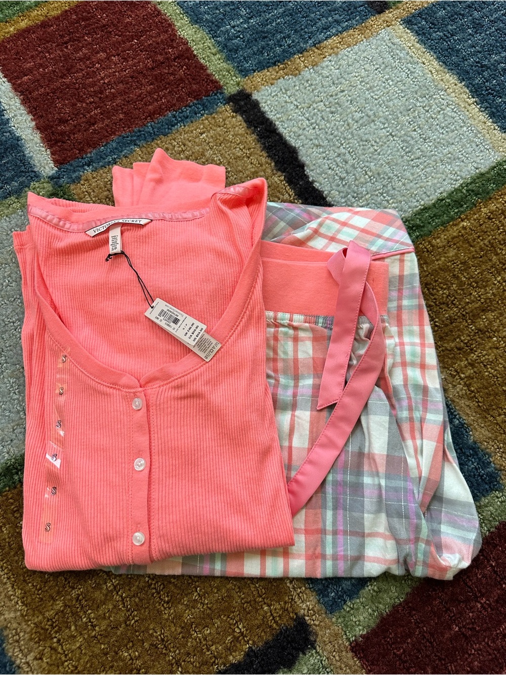 NWT Coral Pink Button-Front Ribbed long sleeve Top and Plaid Pajama Set